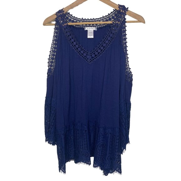 K. Jordan Tops - K. JORDAN | Blue Cold Shoulder Woman’s Blouse with Lace Trim & Details | Size XL